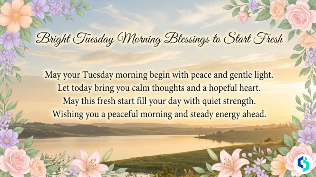 Bright Tuesday morning blessings with sunrise and floral border