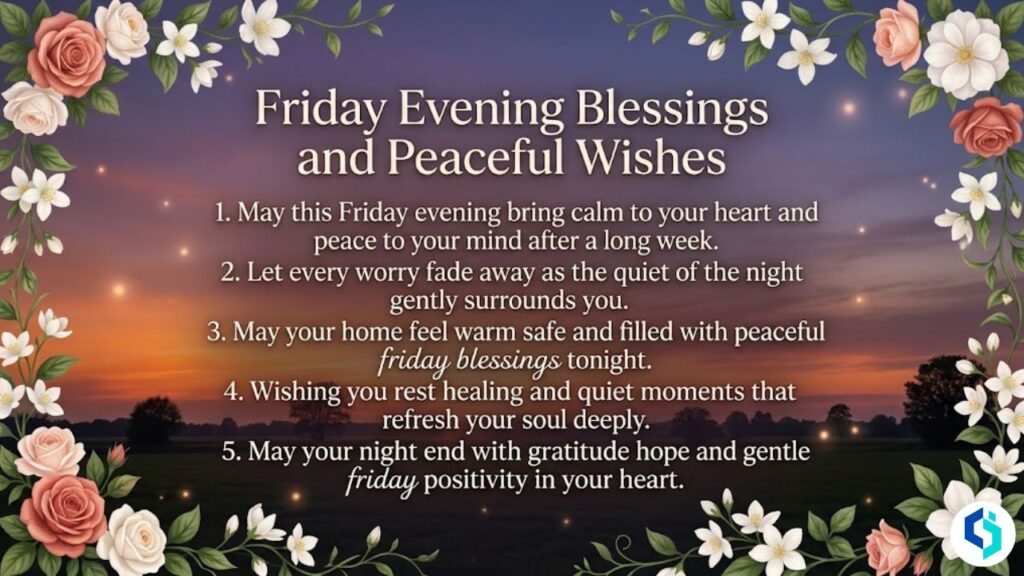 Friday evening blessings with peaceful sunset and calming floral border inspirational image