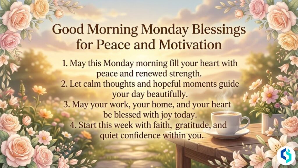 Good morning Monday blessings image with sunrise, floral borders, and peaceful motivational quotes
