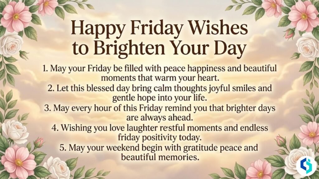 Happy Friday wishes image with peaceful blessings and floral border design