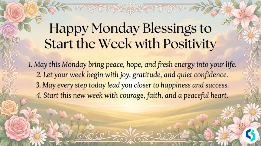 Happy Monday blessings image with peaceful sunrise, floral borders, and positive Monday wishes