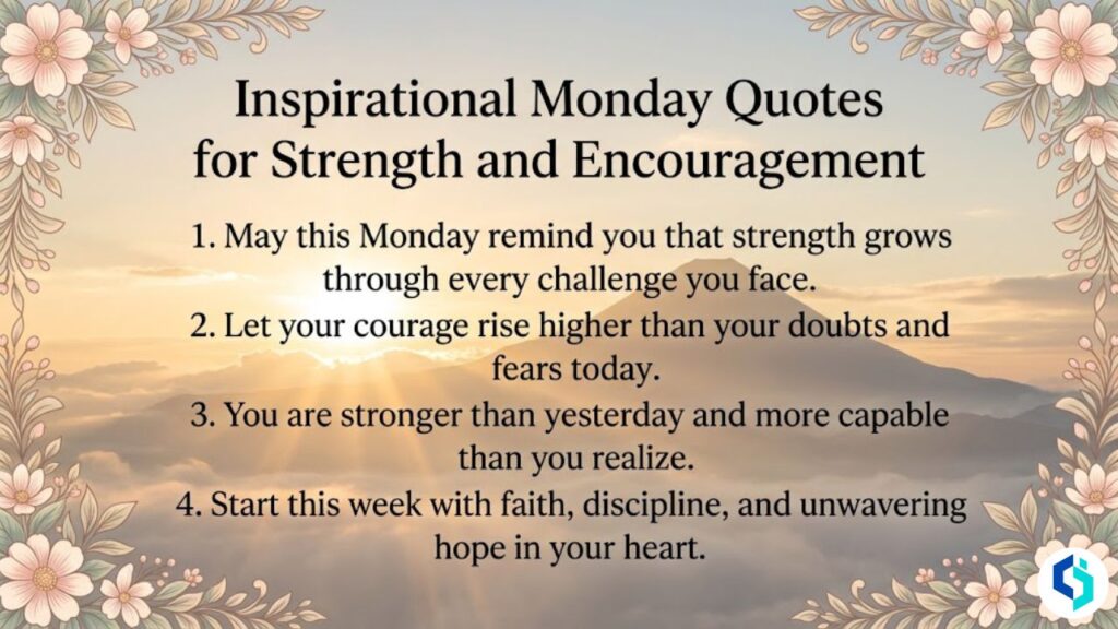 Inspirational Monday quotes image with sunrise, mountains, floral borders, and motivational text