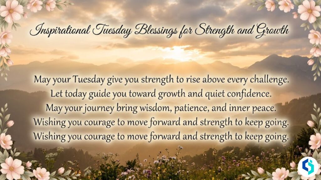 Inspirational Tuesday blessings image with light rays and floral border