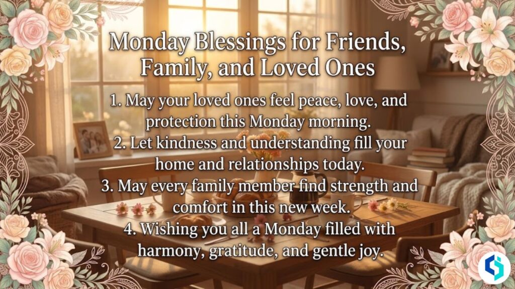 Monday blessings for friends and family image with warm sunrise, floral borders, and loving quotes