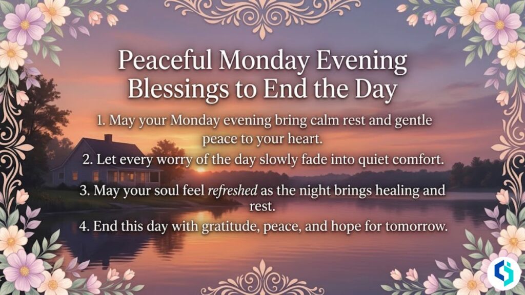 Peaceful Monday evening blessings image with sunset sky and floral border design