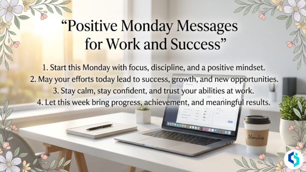 Positive Monday messages for work success image with office desk, sunrise light, and motivational quotes