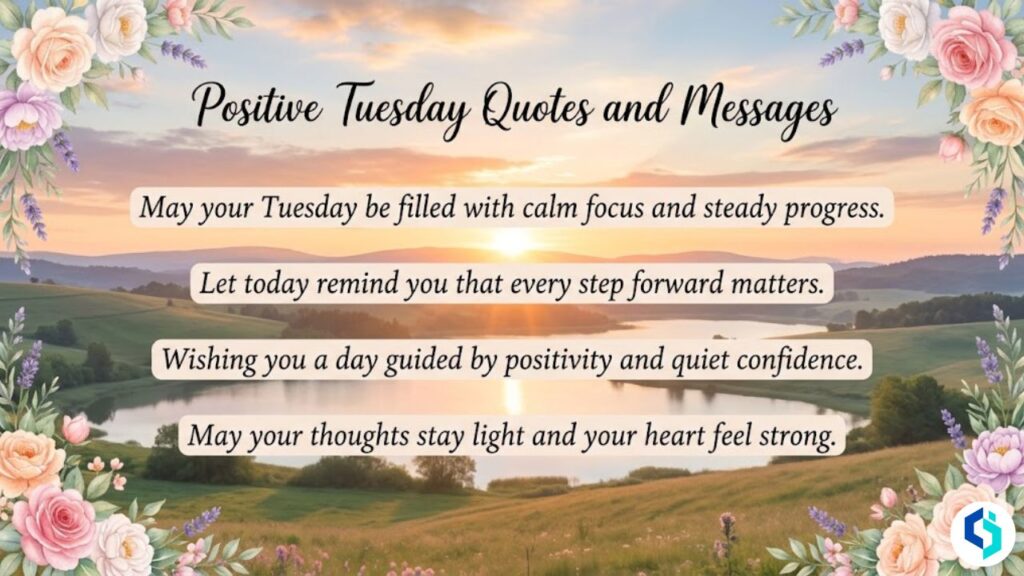 Positive Tuesday quotes and messages image with sunrise and floral border