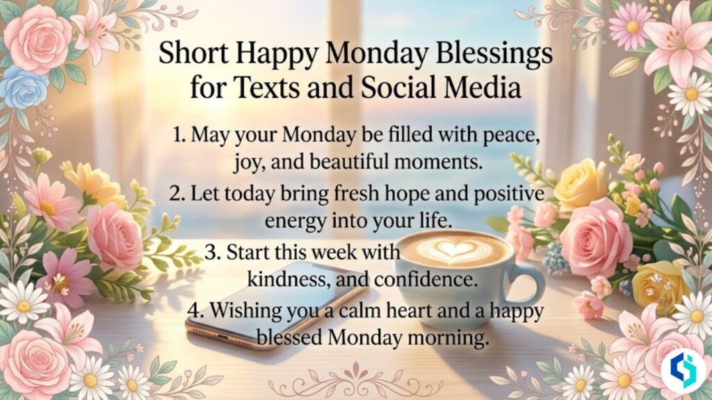 Short happy Monday blessings image for social media with floral borders and uplifting quotes