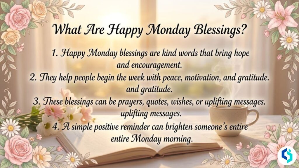 What are happy Monday blessings image with sunrise, journal, floral borders, and uplifting text
