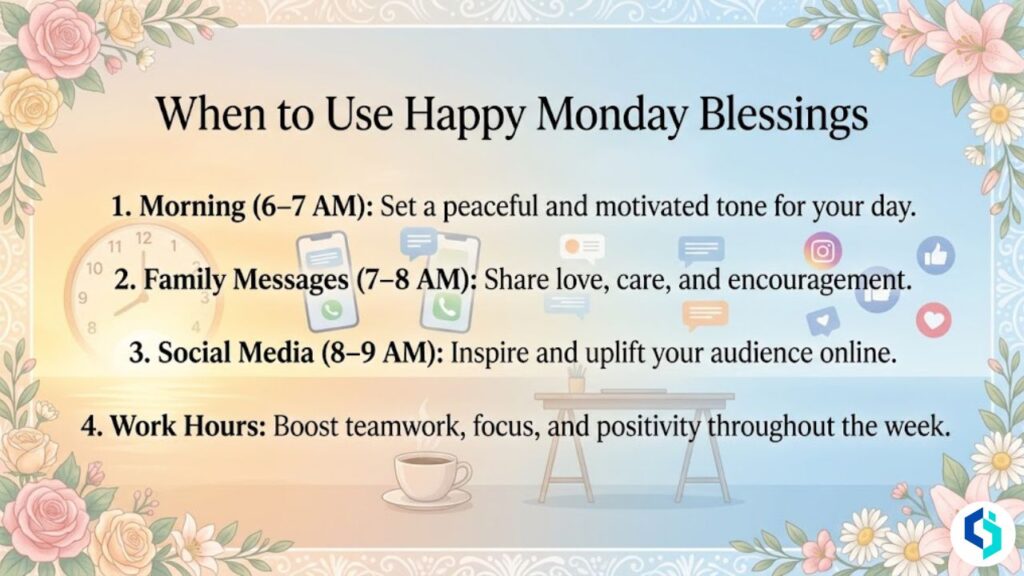 When to use happy Monday blessings infographic image with timeline, sunrise, and floral borders