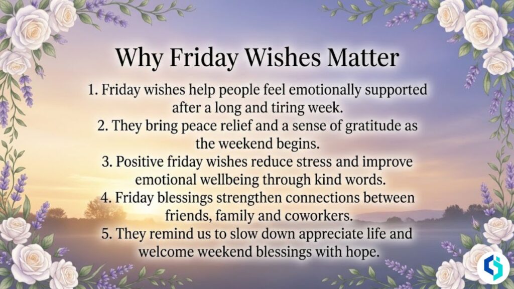 Why Friday wishes matter explained with peaceful sunset background and floral border inspirational design