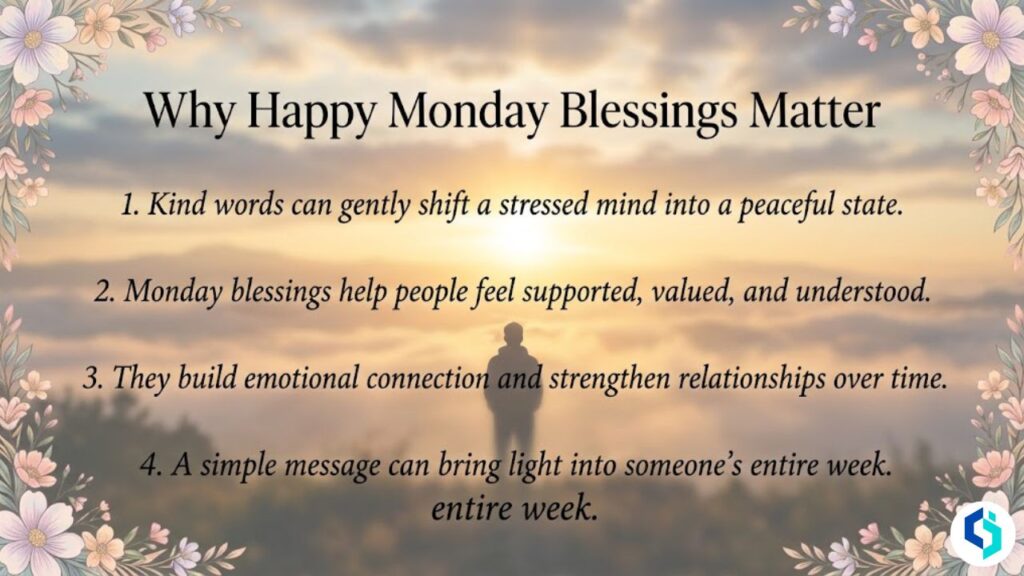 Why happy Monday blessings matter image with sunrise, silhouette, and floral border design