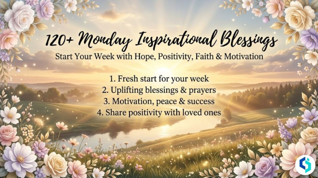 120+ Monday inspirational blessings featured image with sunrise and floral border