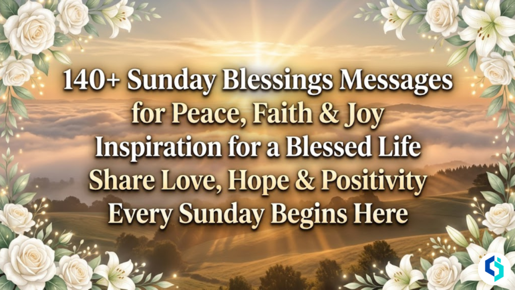 Featured image for 120 Sunday Blessings Messages article with sunrise background, floral border, and inspirational text for peace, faith, and joy