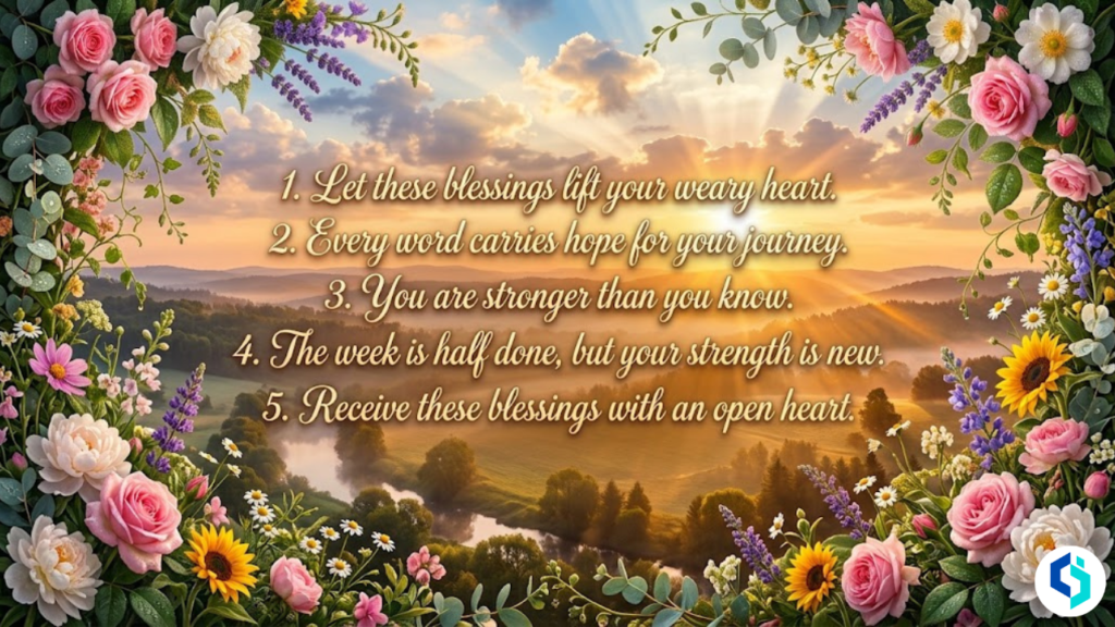 65 Wednesday blessings to carry you through midweek with colorful wildflower floral border and sunrise sky