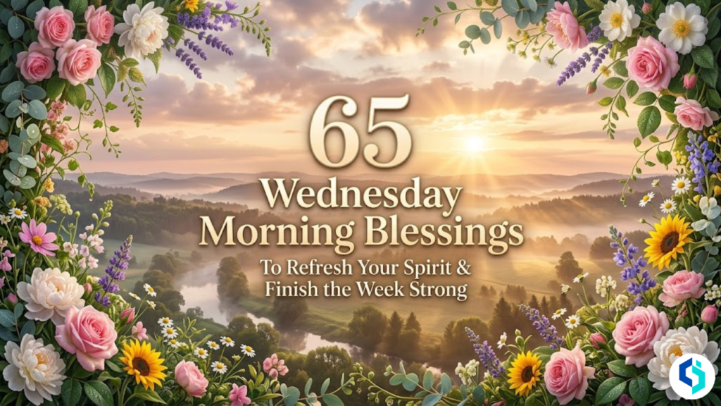 65 Wednesday morning blessings to refresh your spirit and finish the week strong with golden sunrise and floral border featured image