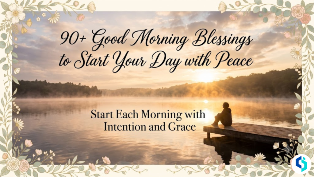90+ Good Morning Blessings to Start Your Day with Peace - peaceful sunrise over lake with person on dock and floral border