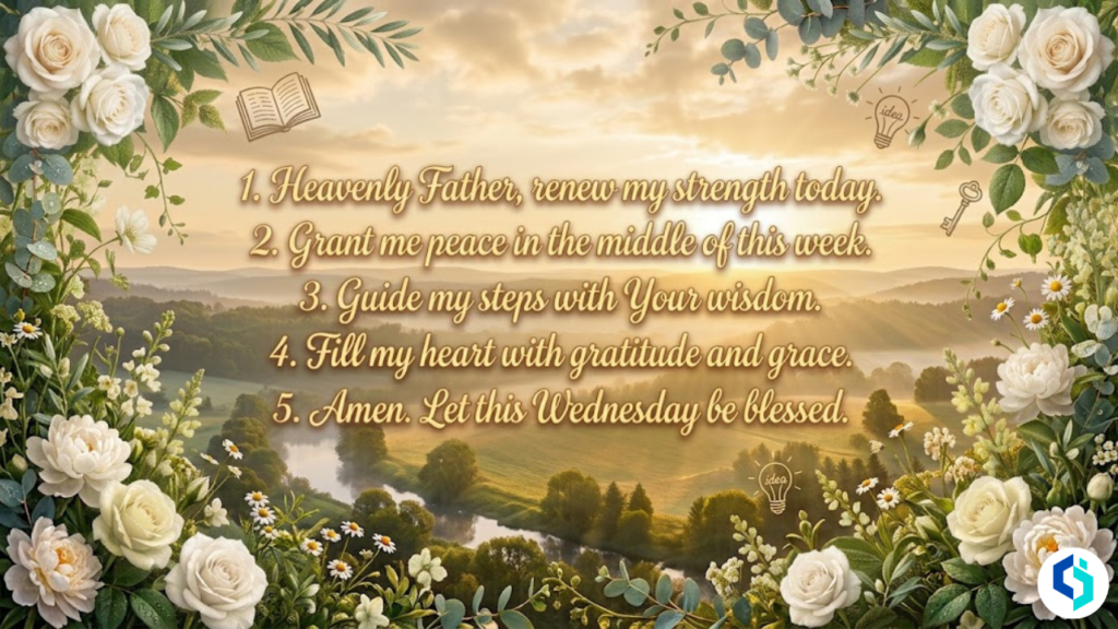 Wednesday morning prayer for strength and renewal with white rose and olive branch floral border and divine light
