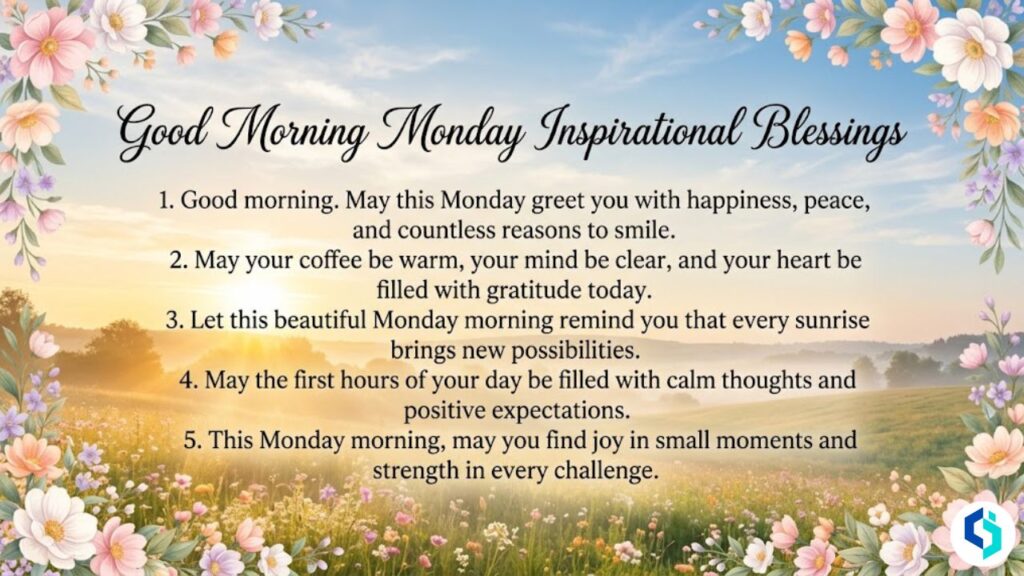 Good morning Monday inspirational blessings with sunrise and floral border