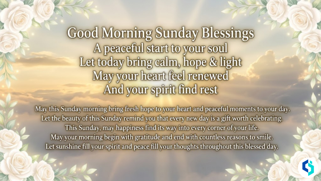 Good Morning Sunday Blessings inspirational quote image with peaceful sunrise and floral border design