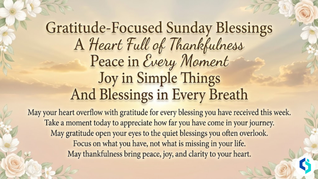 Gratitude-Focused Sunday Blessings inspirational quote image with sunrise background and floral border design