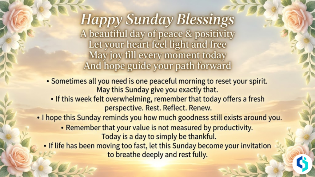 Happy Sunday Blessings for a Positive Day inspirational sunrise quote image with floral border and motivational text