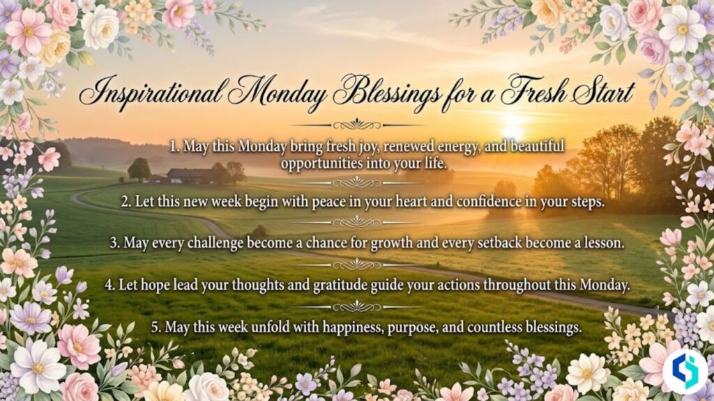 Inspirational Monday blessings for a fresh start with sunrise and floral border