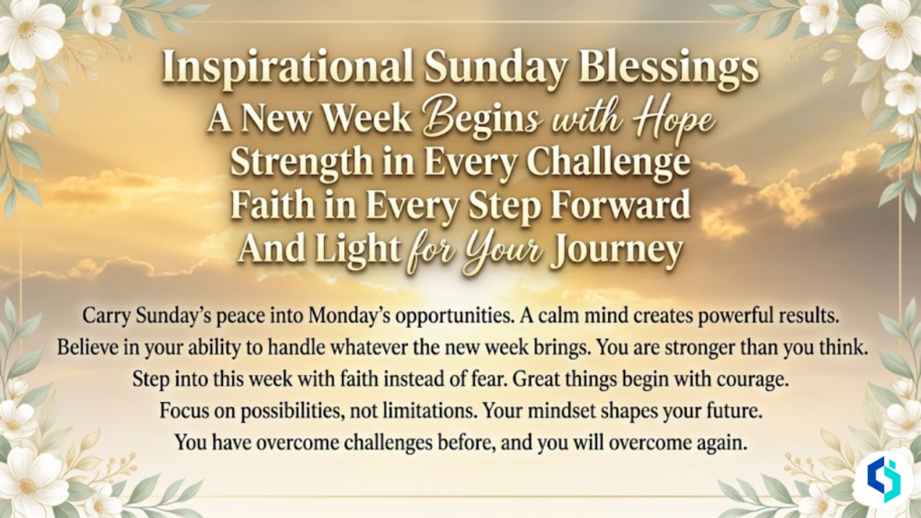 Inspirational Sunday Blessings motivational quote image with sunrise sky, golden light, and floral border design