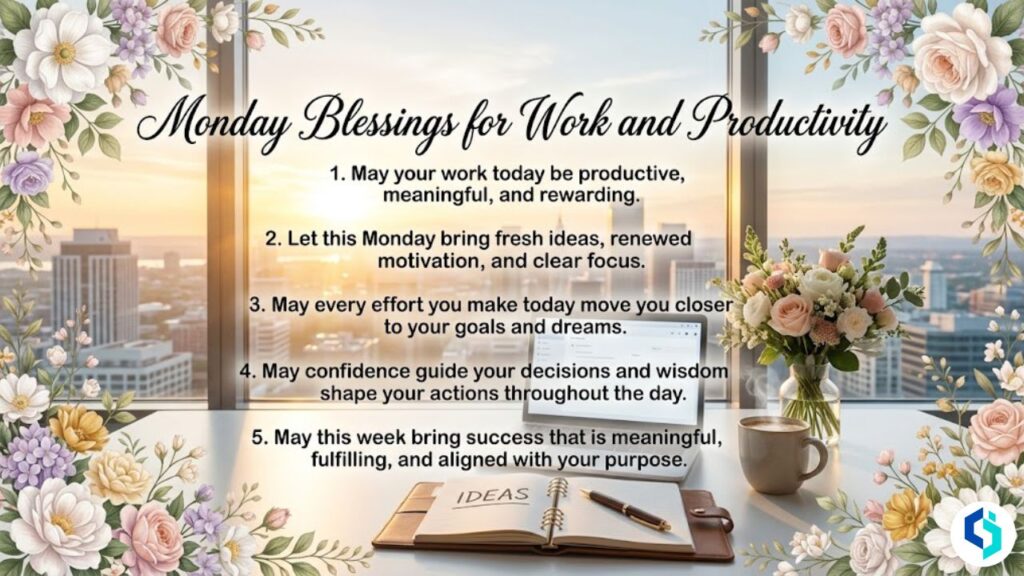 Monday blessings for work and productivity with sunrise office scene and floral border