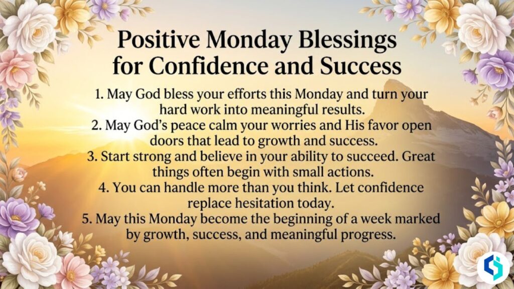 Positive Monday blessings for confidence and success with sunrise and floral border