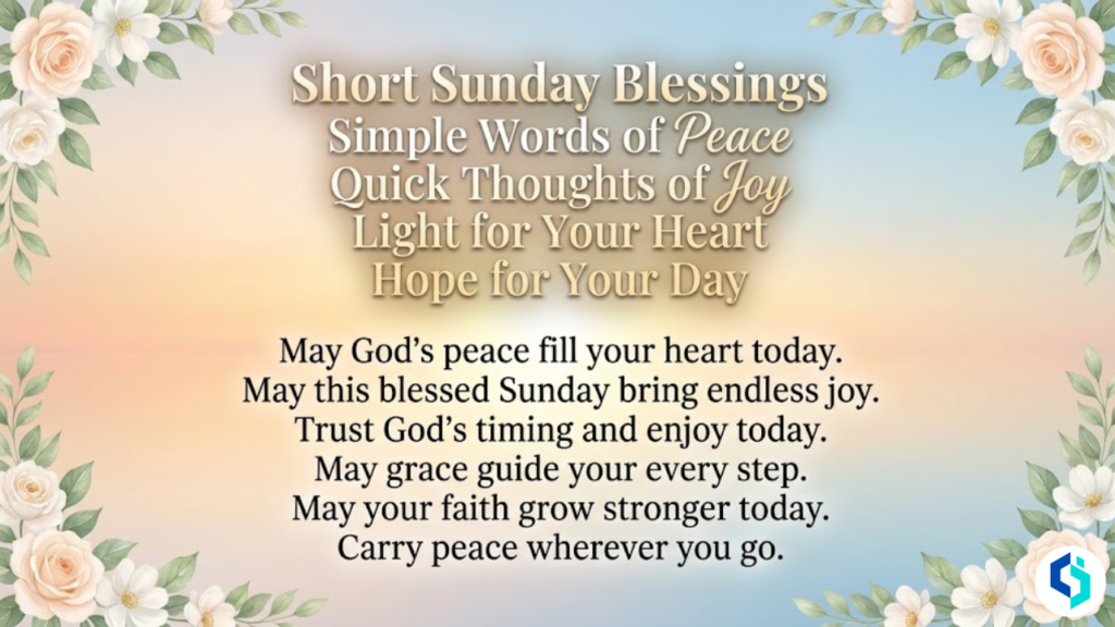 Short Sunday Blessings Messages inspirational quote image with pastel sunrise and floral border design