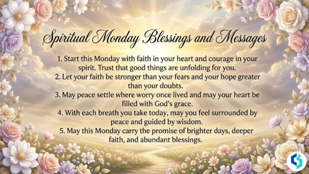 Spiritual Monday blessings and messages with sunrise and floral border