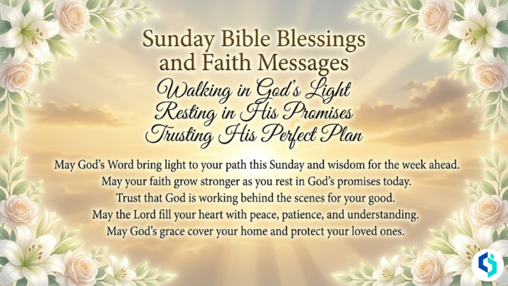 Sunday Bible Blessings and Faith Messages inspirational religious quote image with sunrise background and floral border design