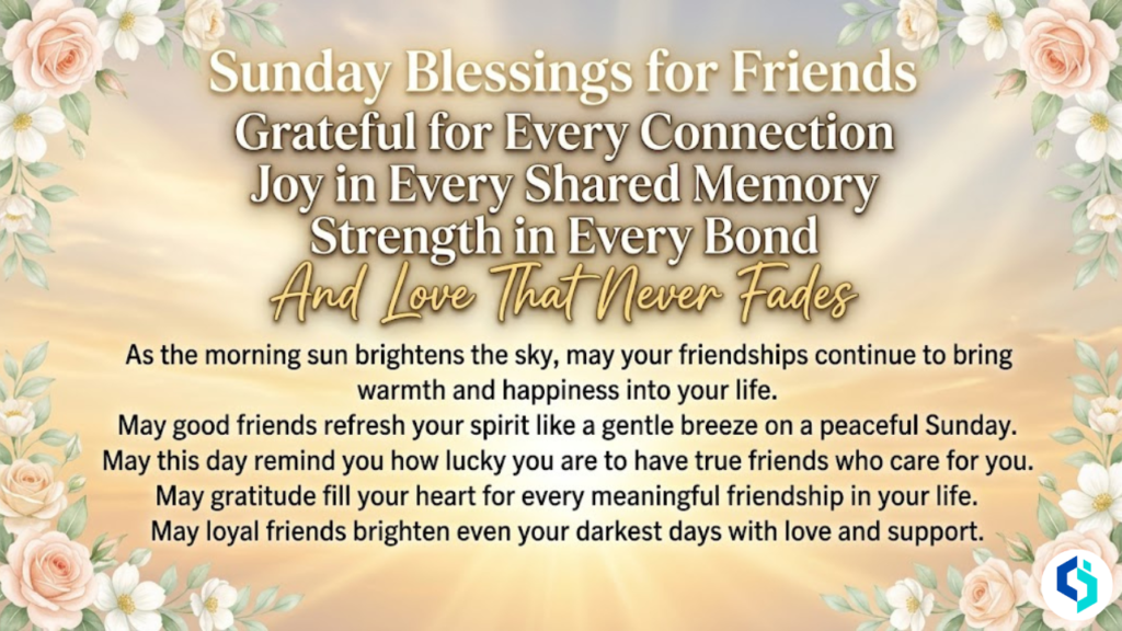 Sunday Blessings for Friends inspirational quote image with sunrise background, floral border, and friendship themed text