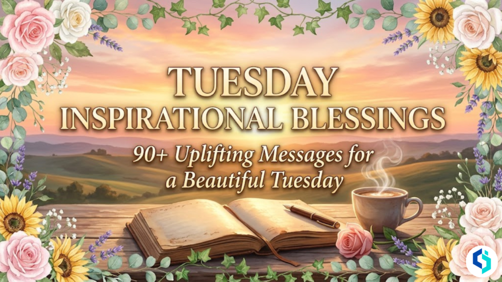 Tuesday inspirational blessings featured image with floral border and sunrise