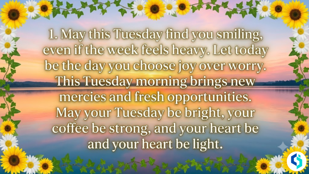 Uplifting Tuesday morning blessings with sunrise and floral border