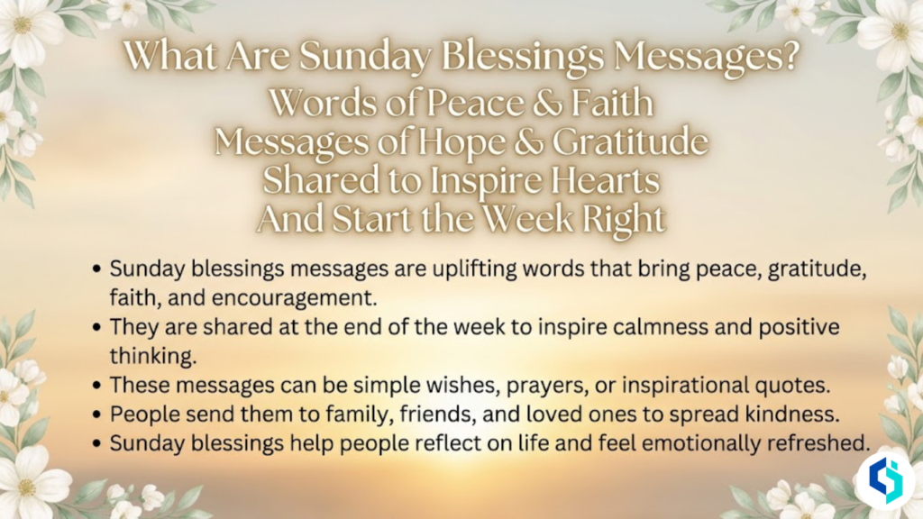 What Are Sunday Blessings Messages explanation inspirational image with sunrise background and floral border design