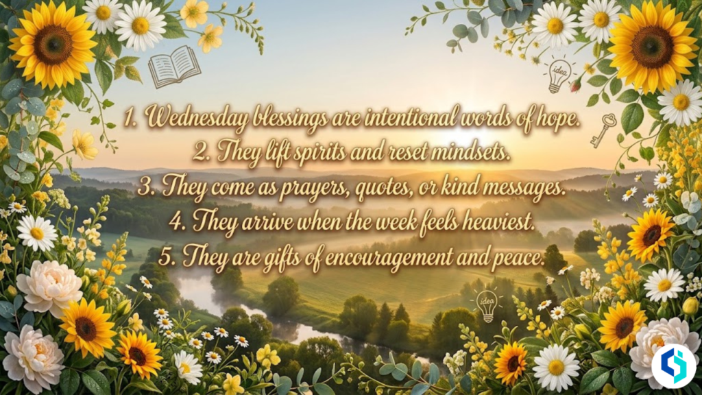What exactly are Wednesday morning blessings explained with sunflower and daisy floral border and warm morning light