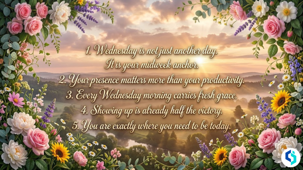 Why Wednesday morning blessings matter inspirational sunrise quote with pink rose and lavender floral border